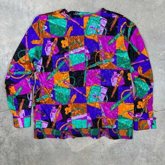 Vintage 80s Top Blouse Angela Marie For Chez Sz 14 Glam Pop Relaxed Button Up - Picture 2 of 7